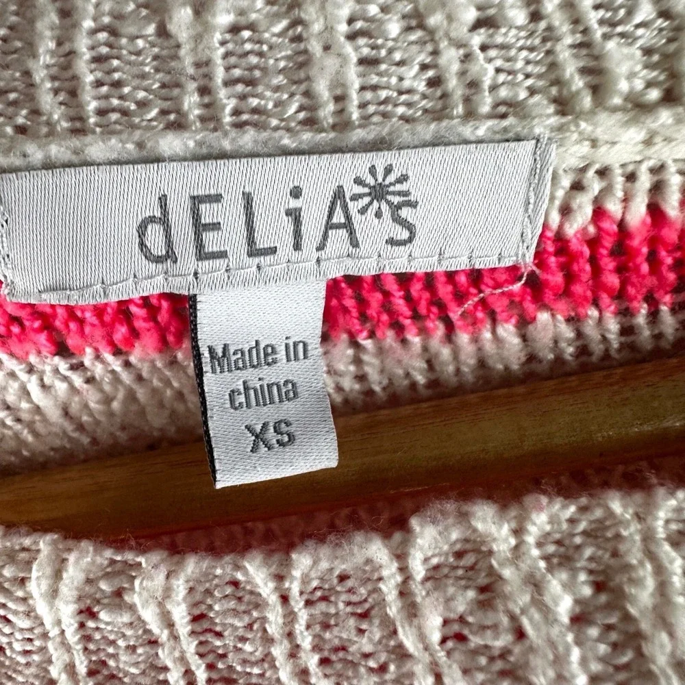dELiA*s Pink White Cute Striped Knit Sweater Lightweight Pullover XS Valentine's